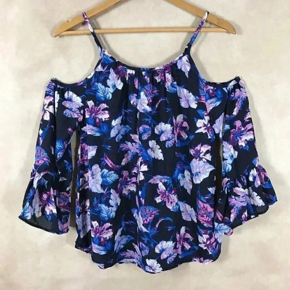7 Sisters Women's Navy Floral Bell-Sleeved Cold-Shoulder Blouse, Small